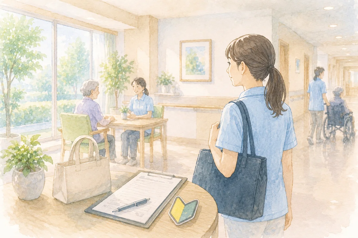 介護施設を見学する未経験者が穏やかな施設内の様子を眺め、働く環境や職場の雰囲気を静かに確認しているやわらかなイラスト