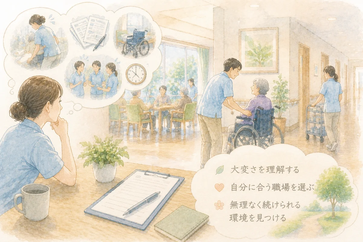 介護施設の穏やかな日常業務を少し離れた場所から眺め、働く負担と続けやすい職場環境を考える様子を描いたやわらかなイラスト