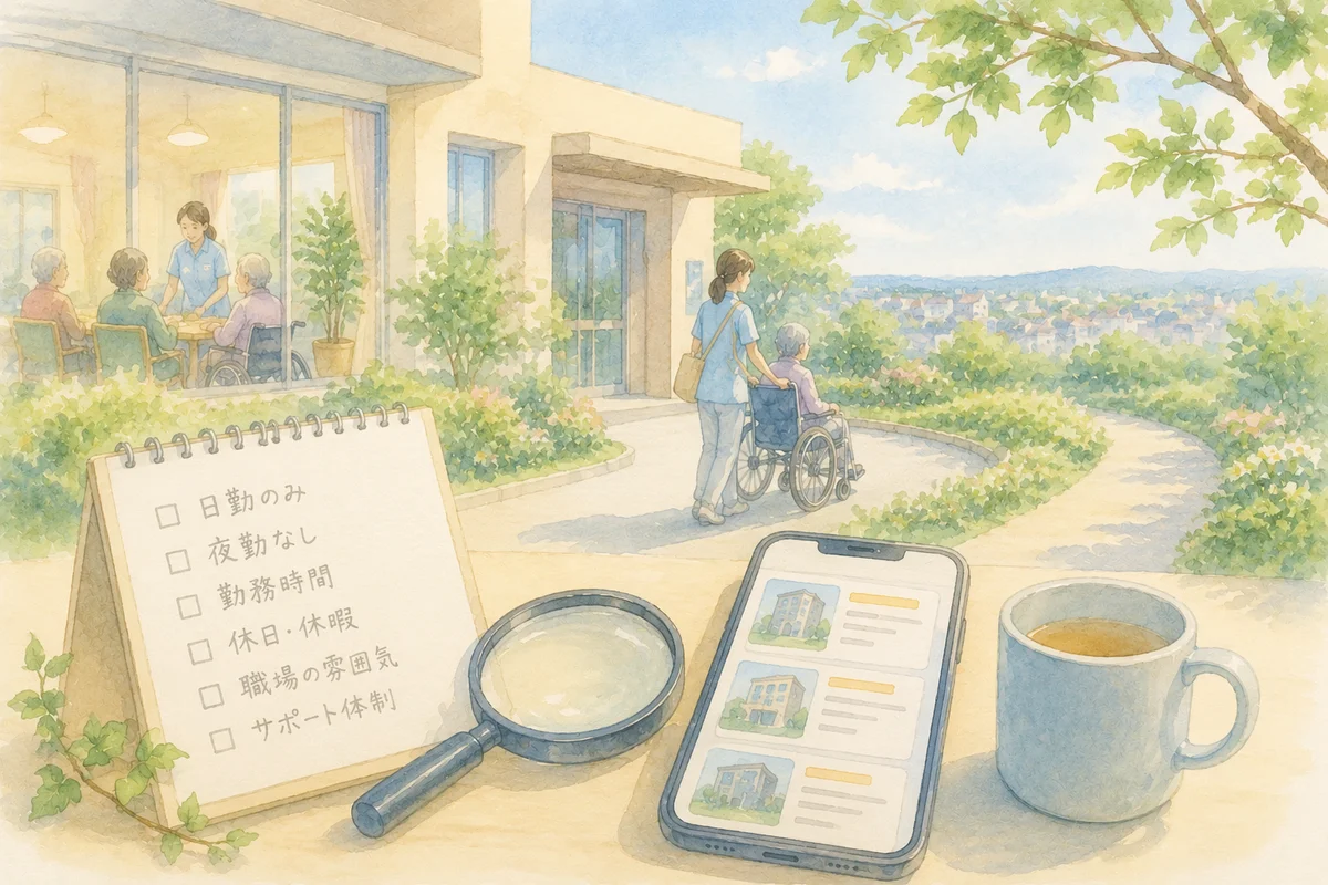 介護施設を背景に、求人探しを連想させるスマートフォンと虫眼鏡が置かれた日勤のみ勤務の選択を表すイラスト
