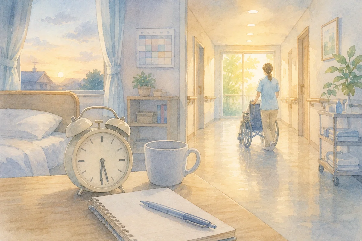 朝日が差し込む介護施設の廊下と目覚まし時計が静かに描かれ、早番による朝の慌ただしさと生活リズムをイメージさせるイラスト