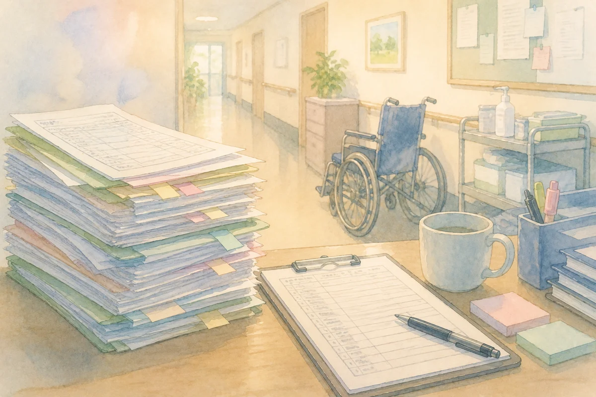 介護施設の記録書類が積み重なった机を主役に、奥へ続く廊下が記録業務の負担と残業につながる様子を感じさせるイラスト