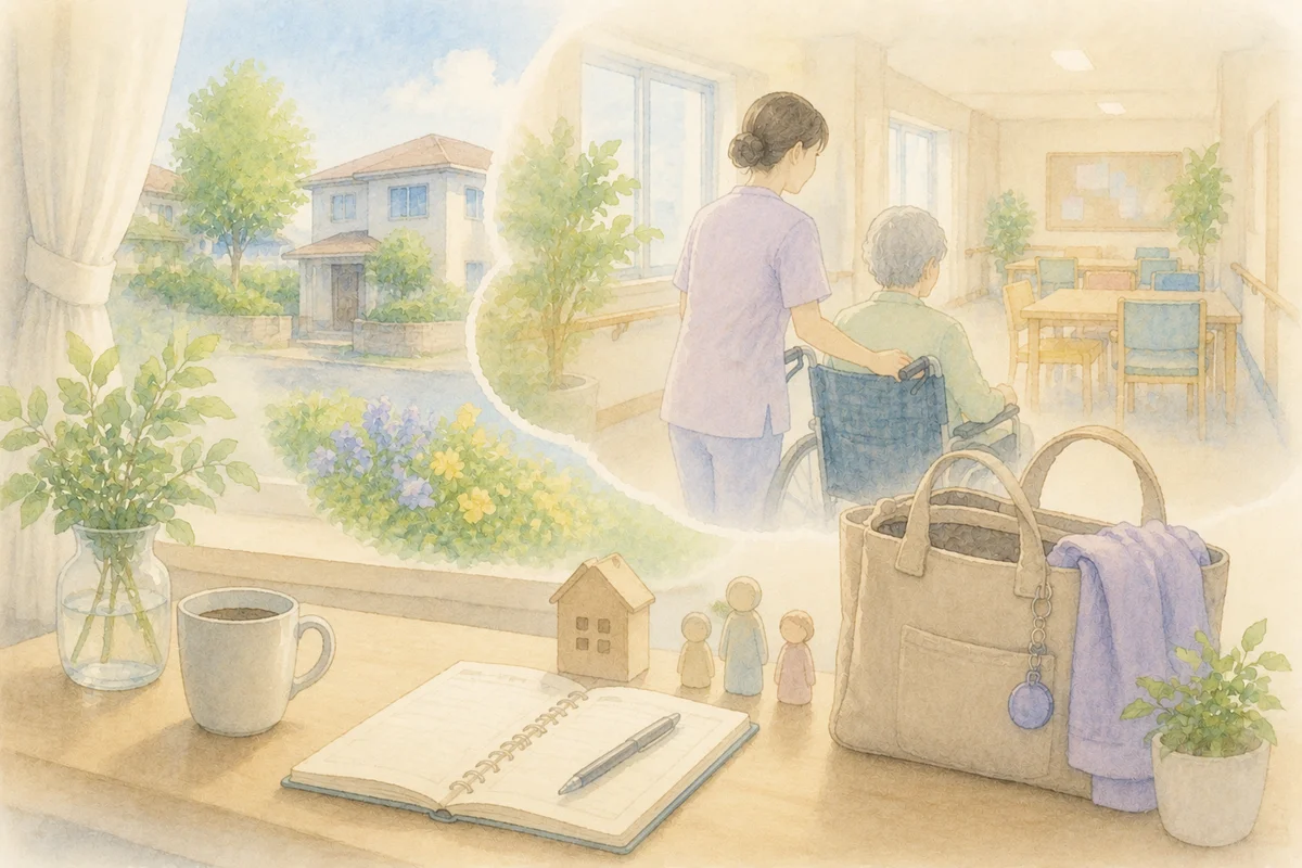 介護施設と住まいがゆるやかにつながる空間の中に仕事道具と家庭の気配が置かれ、仕事と家庭の両立を穏やかに表現したイラスト