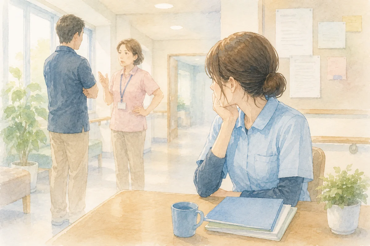 介護施設の休憩スペースで少し距離を置きながら上司とのやり取りを見つめる職員と、穏やかな職場空間の奥行きが描かれたイラスト