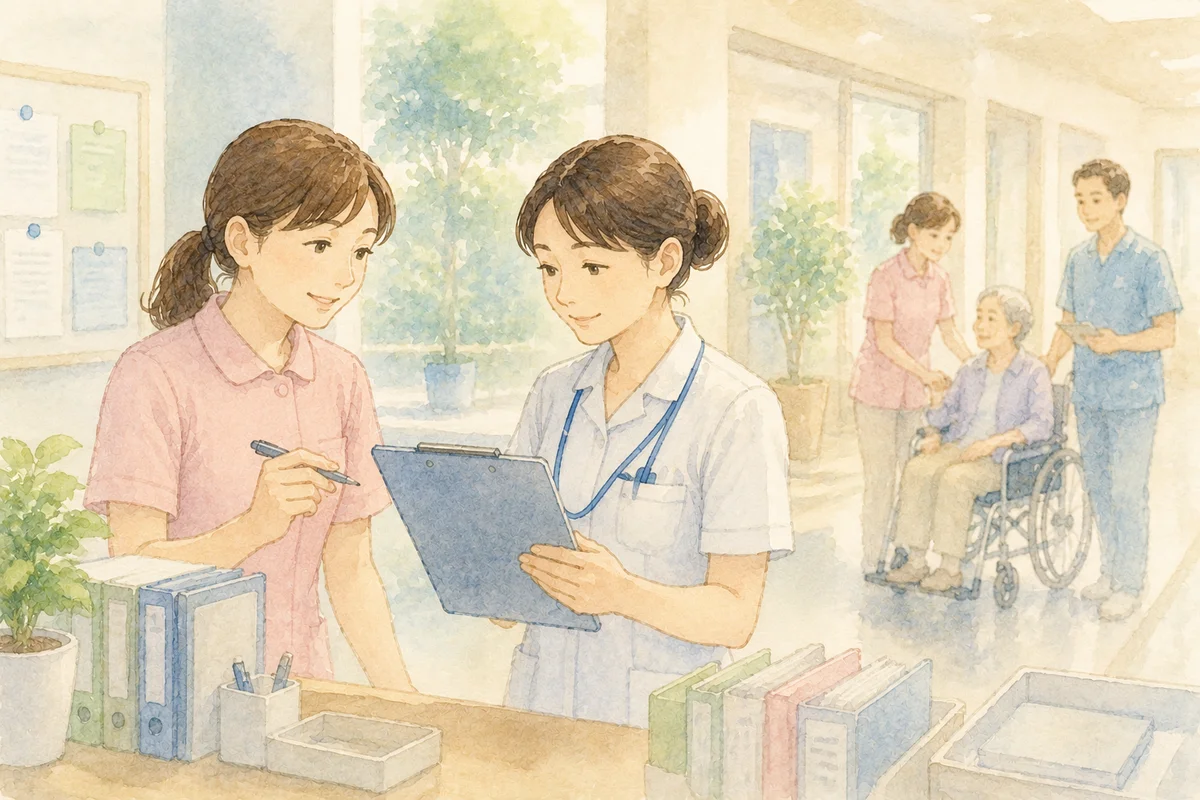 介護職と看護師が利用者情報を一緒に確認しながら穏やかに話し合い、施設内で自然に情報共有を行う様子を描いたイラスト