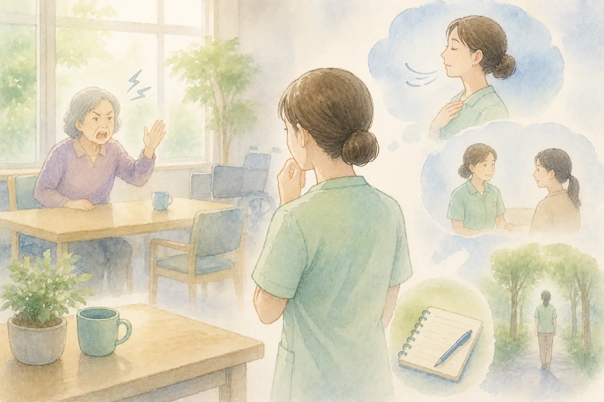 介護施設で利用者から強い言葉を受け止めながら距離を保って向き合い、落ち着いて関係を見直そうとする様子を描いた水彩イラスト