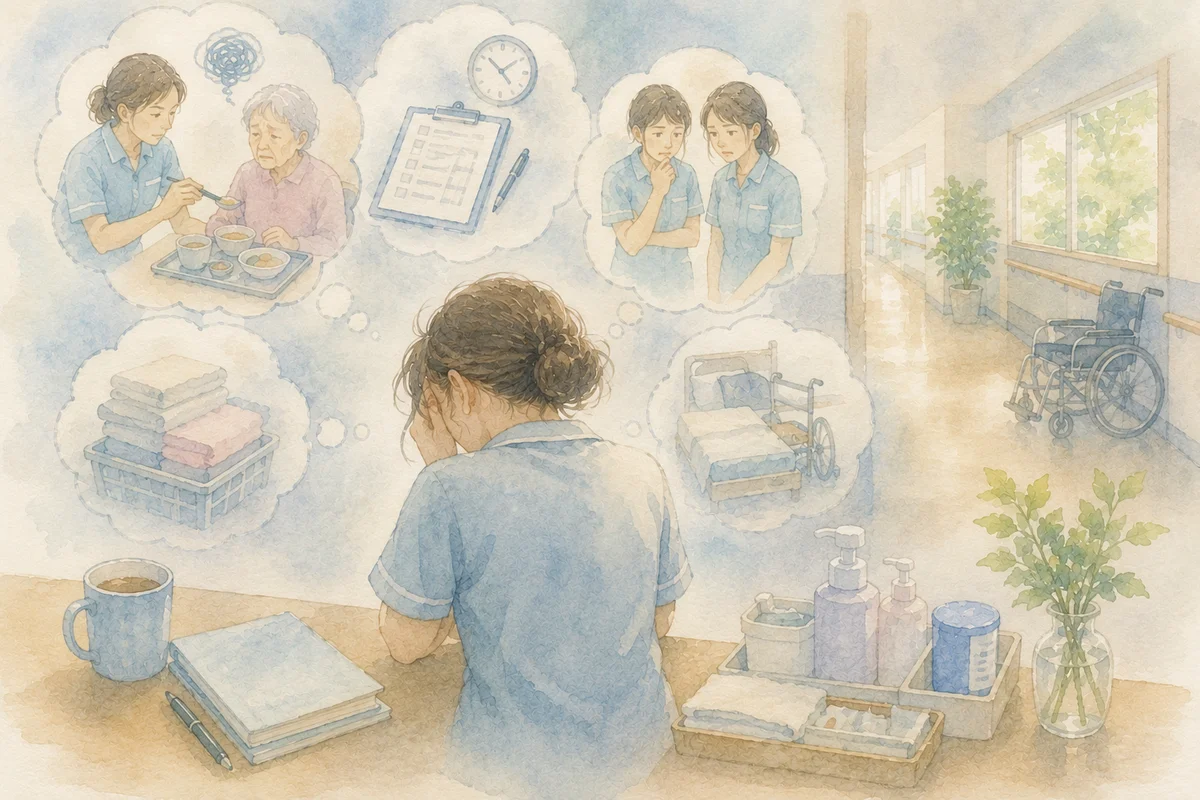 介護施設の一角で静かに考え込む空間と、日々の業務を思わせる背景が重なり、仕事への自信を見つめ直す様子を表したやわらかなイラスト