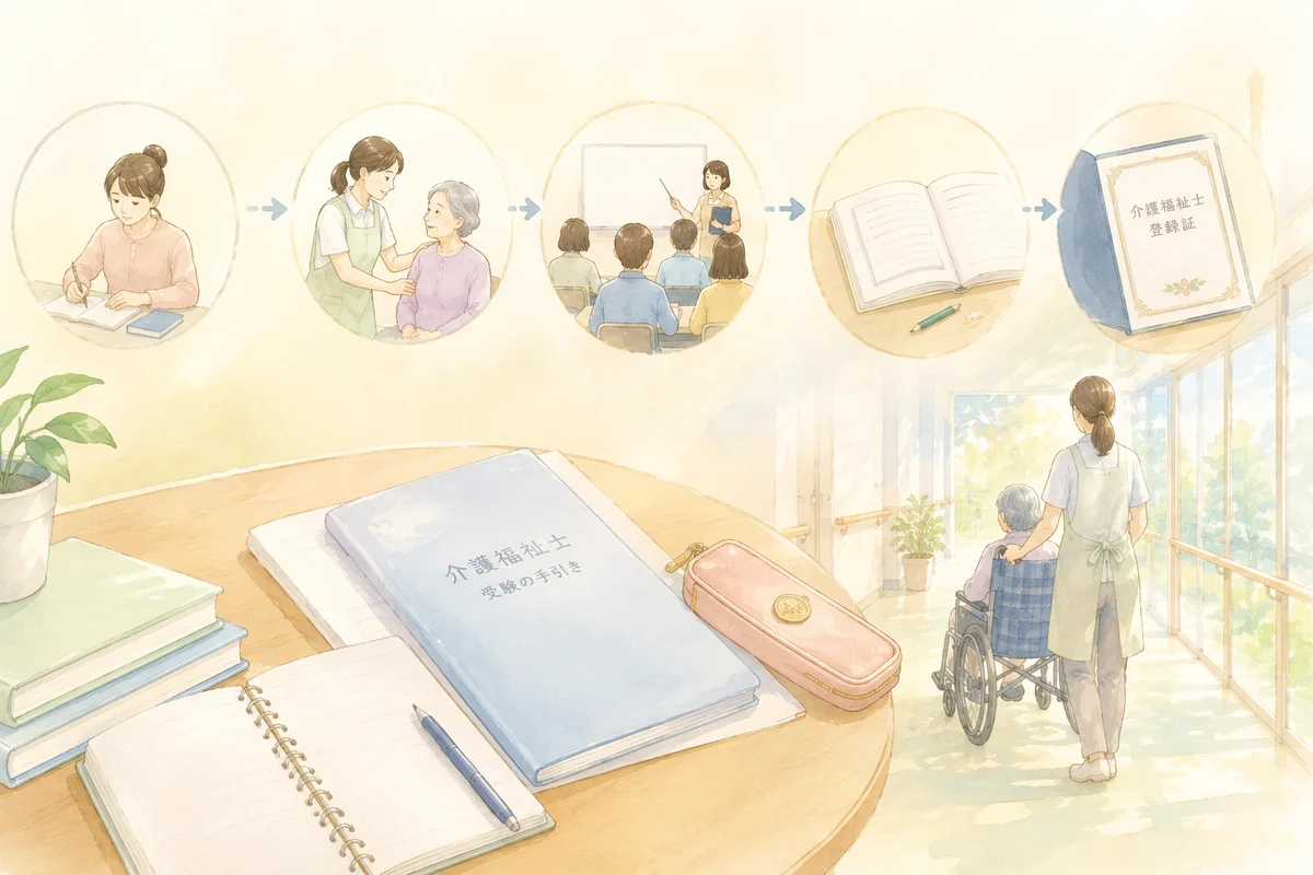 受験の手引きと学習道具が置かれた机の奥に、車いすを支える介護職員が続く資格取得までの風景