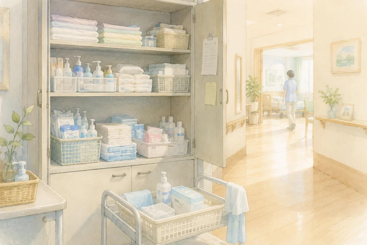 介護施設の備品棚に用品が整理され、奥の居室へ職員が向かう作業途中の場面