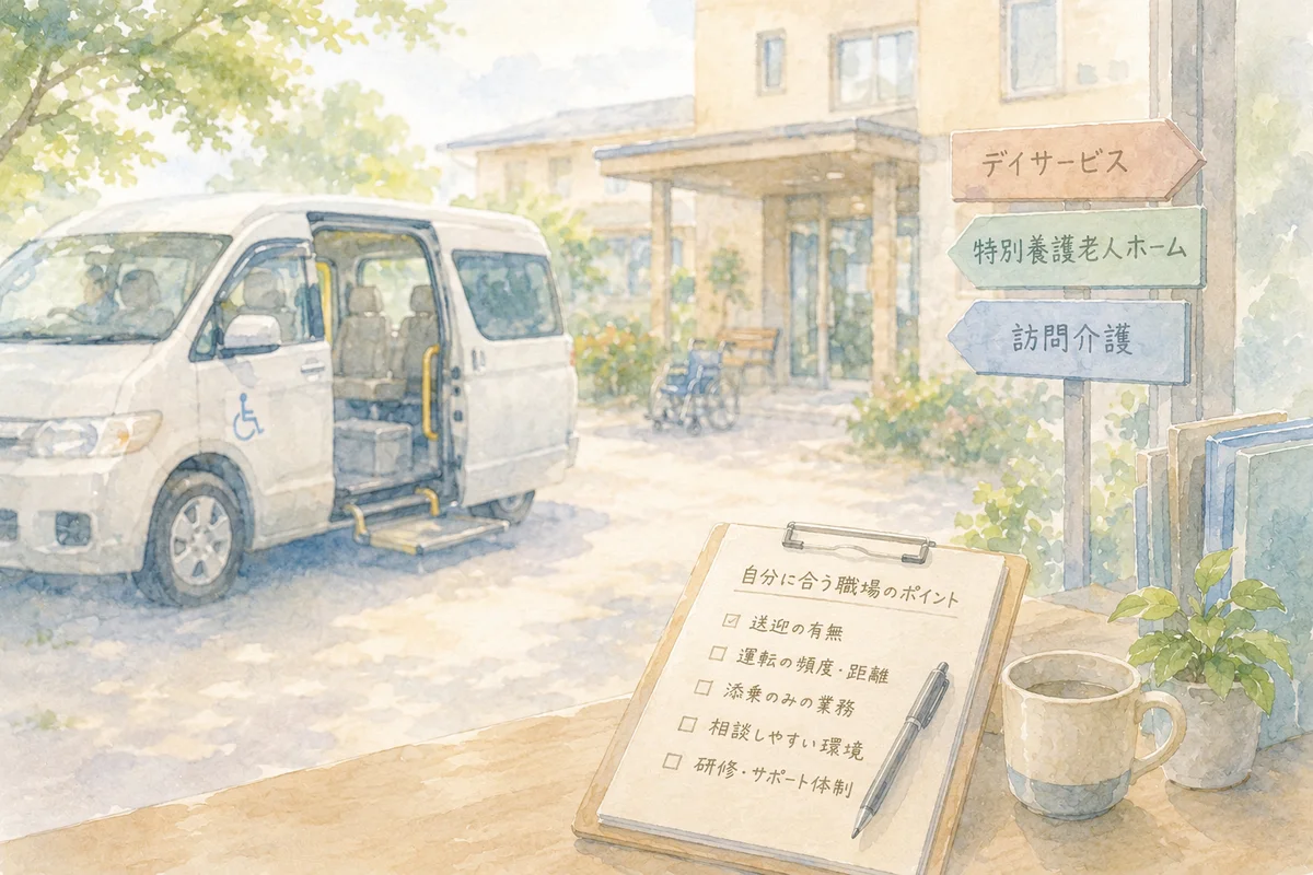 介護施設の送迎車と職場案内が見え、運転業務の有無を検討する場面の水彩イラスト