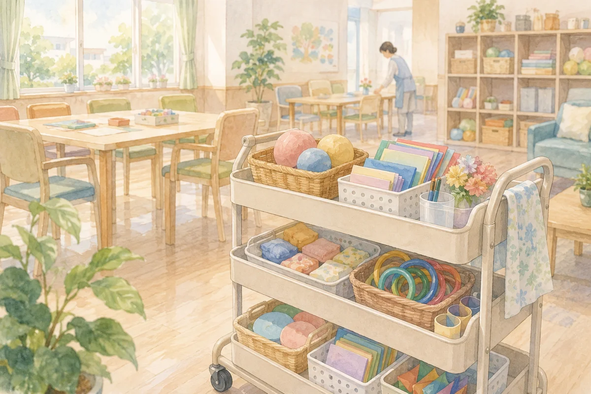 レク用品を整理したワゴンが手前に置かれ、明るいデイサービス室の奥で職員が準備する様子
