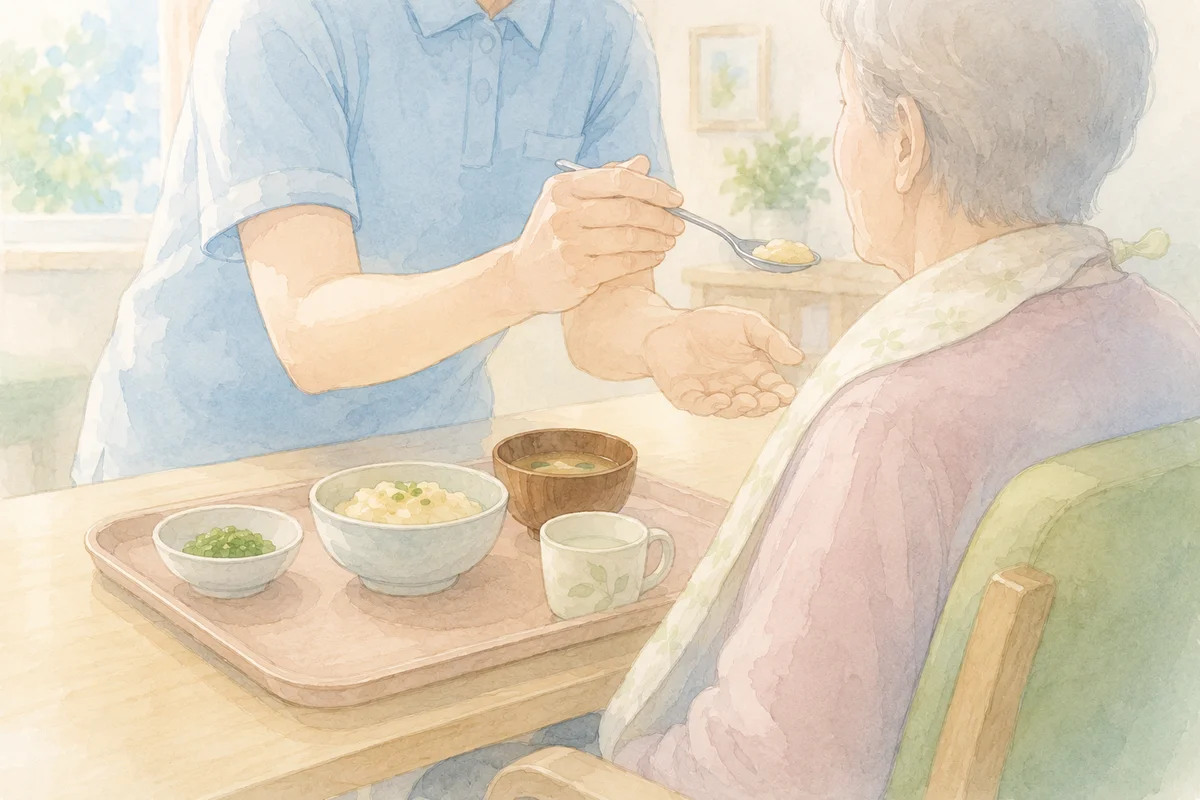 食事介助の場面で利用者の姿勢や口元の様子を見守りながら、落ち着いた環境で安全に配慮している様子を描いたやわらかなイラスト