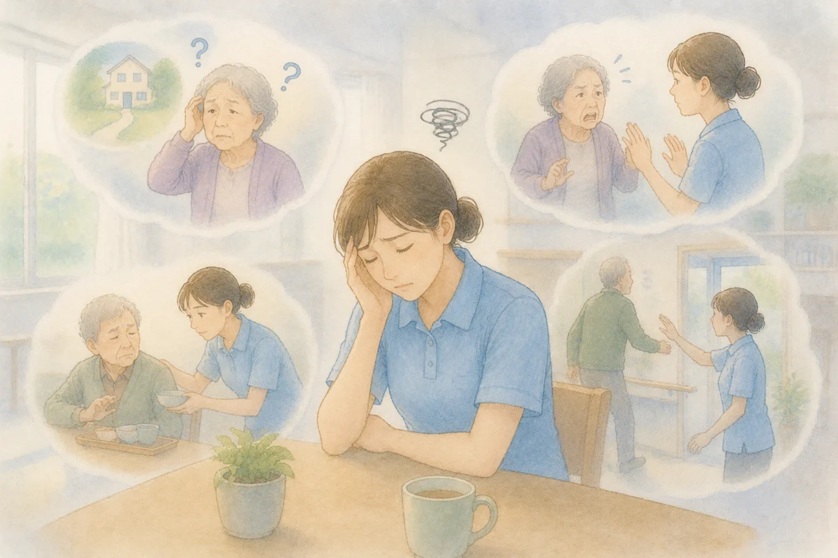 認知症ケアで悩みやすい場面を思い浮かべながら考え込む介護職と、介護現場の日常がやわらかく広がるイラスト