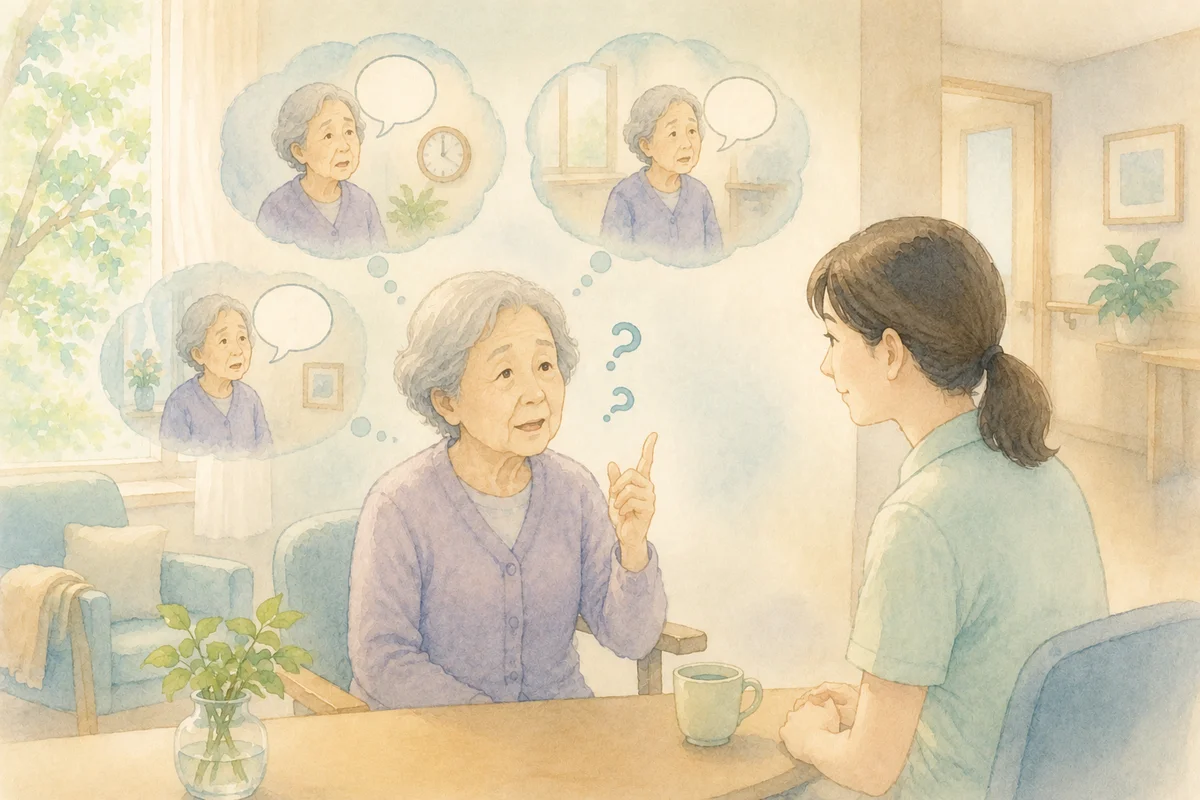 同じ話を繰り返す高齢者と穏やかに耳を傾ける介護者が描かれ、施設内の落ち着いた空間に認知症ケアの場面を表現したイラスト