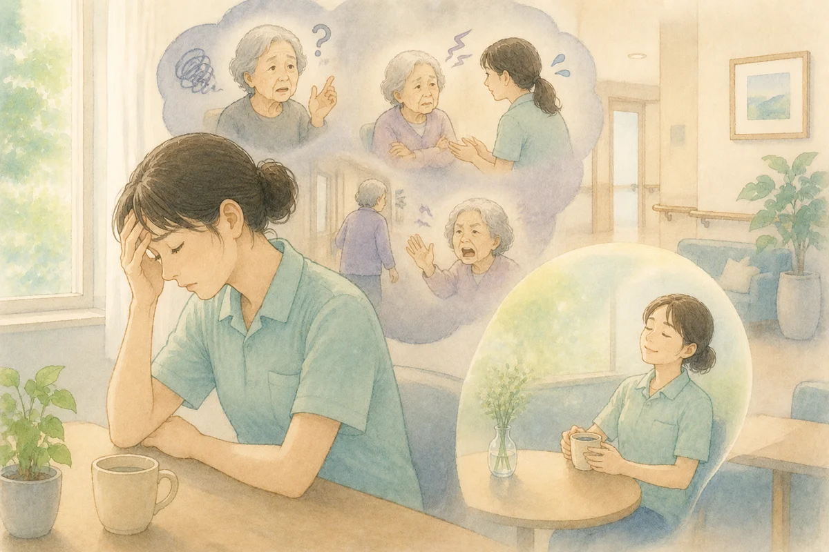 認知症介護に疲れた介護職が静かに気持ちを整理しながら休息を取る様子と、穏やかな施設空間を描いたやわらかなイラスト