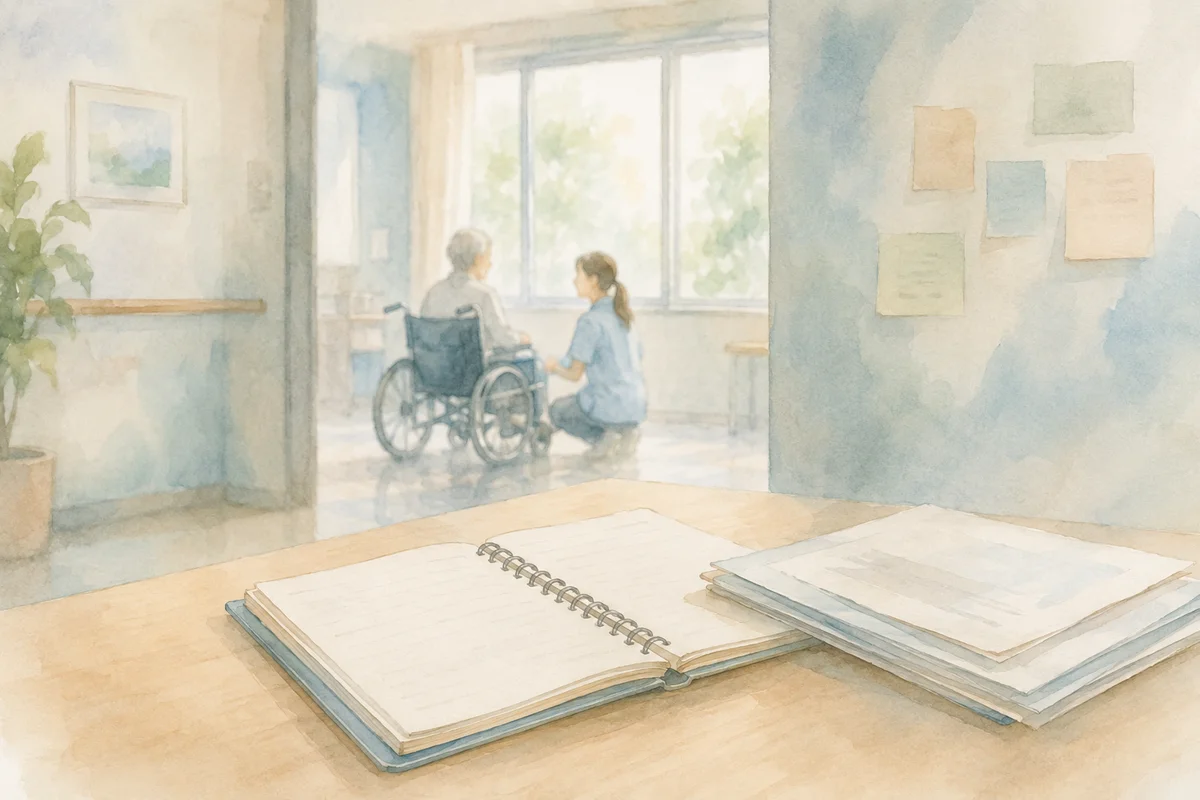 介護施設の記録用ノートを手前に置き、奥で静かに介助が行われる空間が広がる、記録と申し送りの役割を連想させるやわらかなイラスト