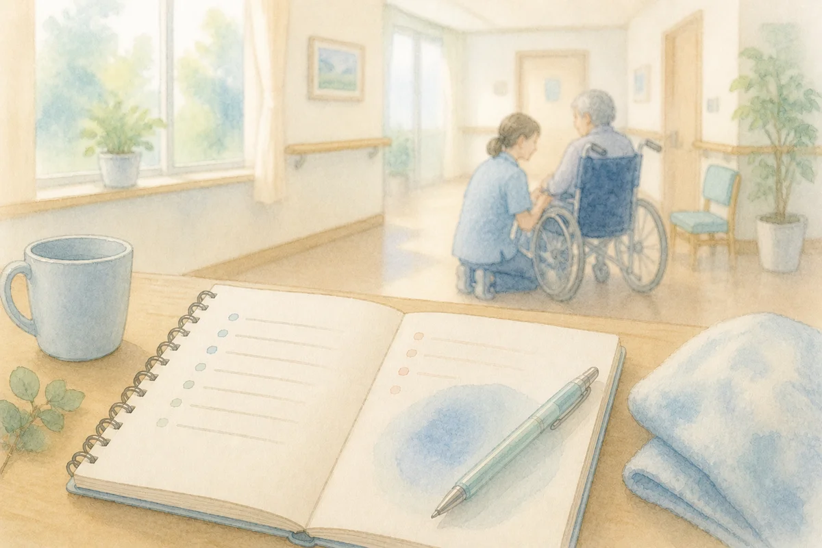 介護事故後の対応を落ち着いて整理する記録ノートと、奥に静かな介護場面が見える施設内のイラスト