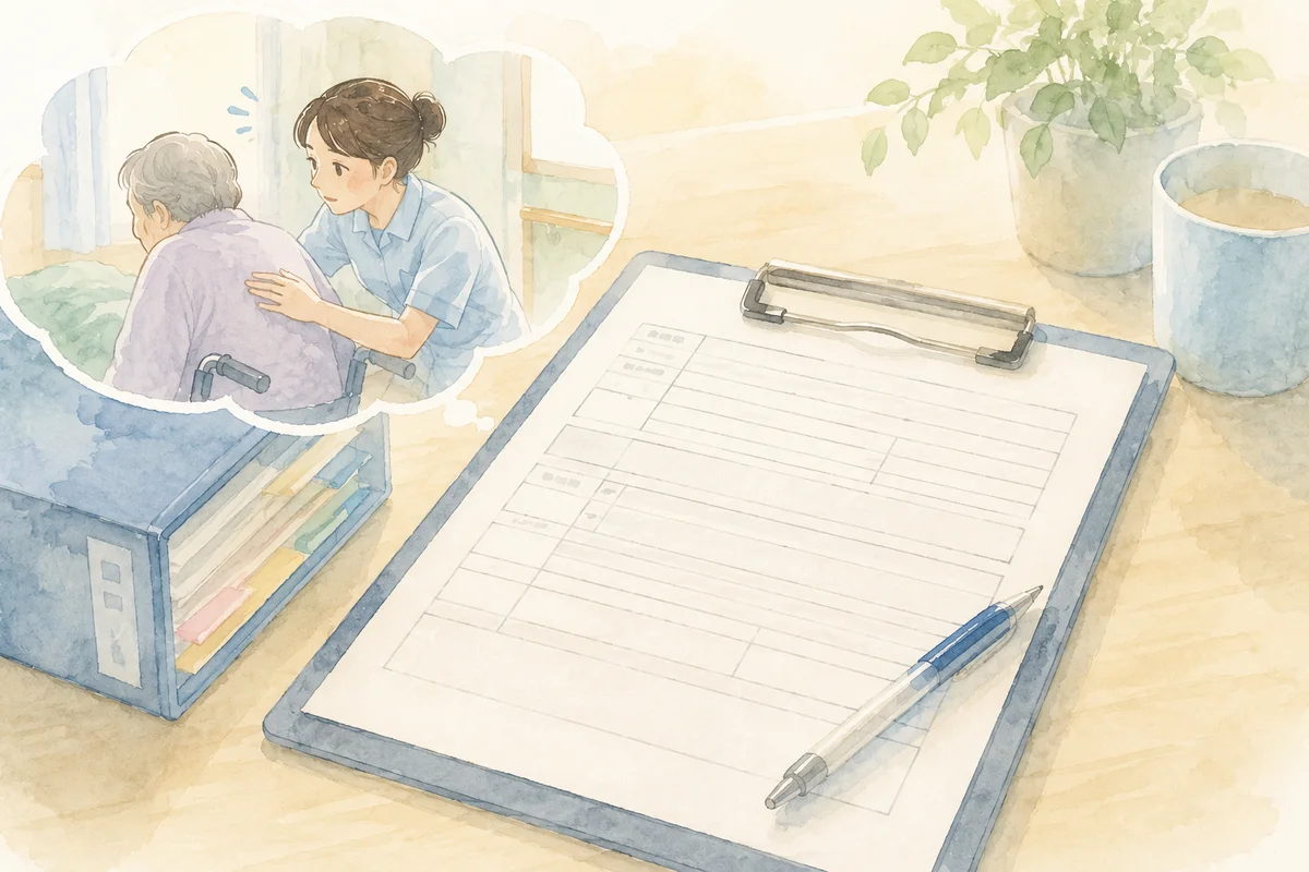 介護場面を思い返しながら、記入前の報告書が置かれた明るい机上空間
