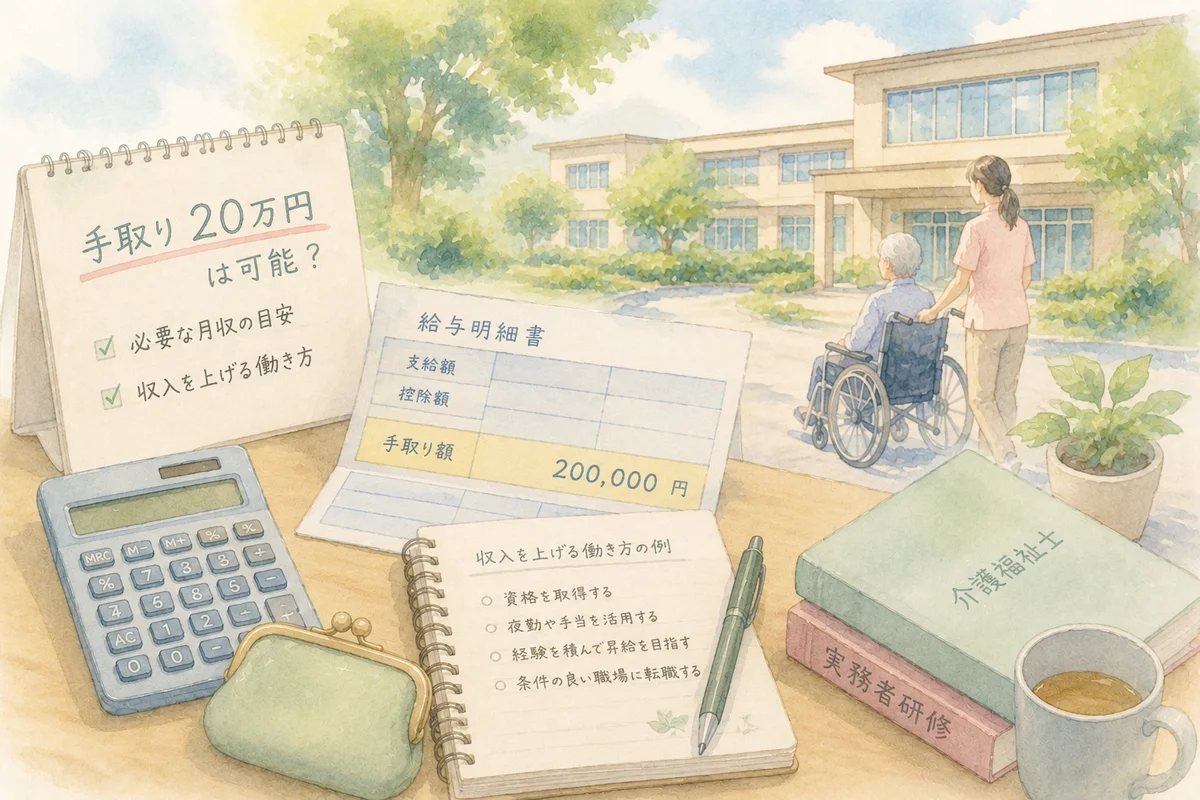 介護施設を背景に、給料明細や電卓、財布が手前に置かれ、手取り20万円を目指す収入の目安を考えるやわらかなイラスト