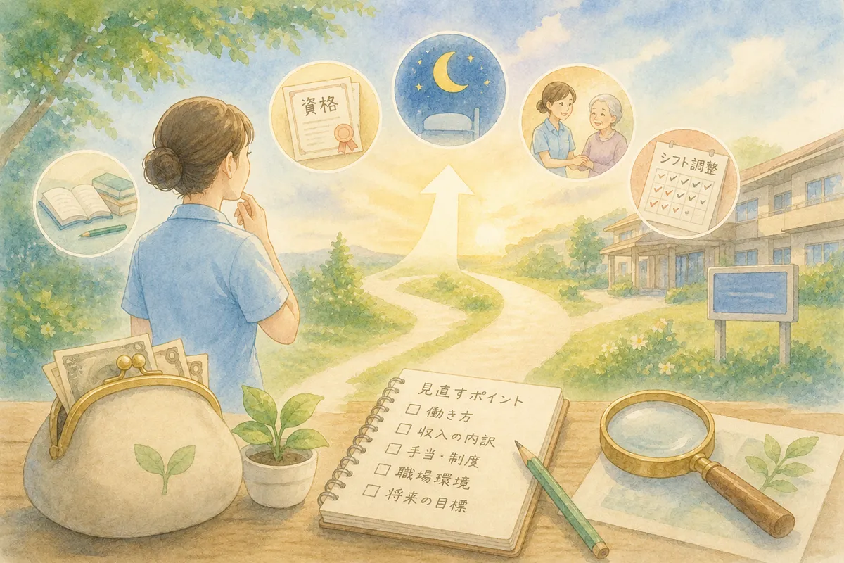 財布と見直しノートの先に介護施設へ続く道が広がる淡い水彩イラスト