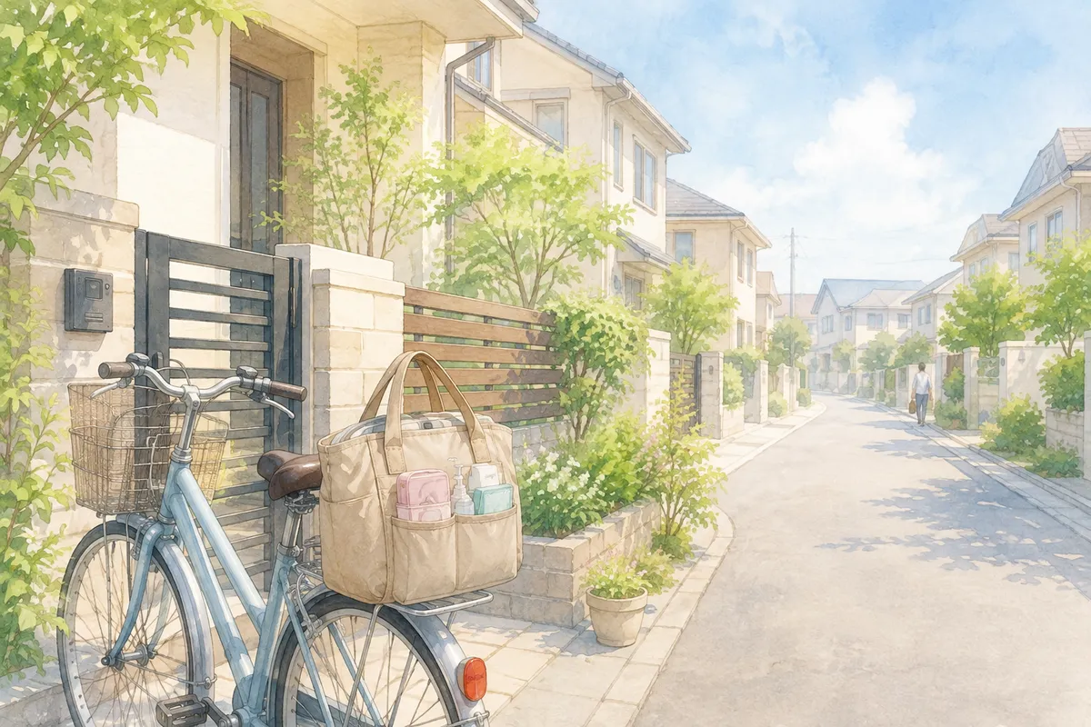 住宅街の門前に介護バッグを載せた自転車が置かれ、奥へ道と小さな人影が続く訪問介護の移動風景